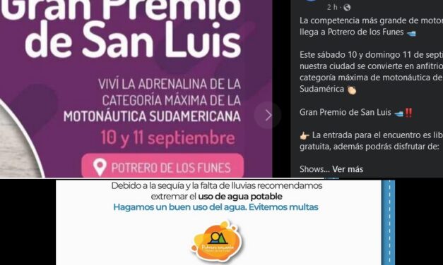 Potrero de los Funes: Tips para “cuidar” el agua, pero promociona una carrera de lanchas ilegal